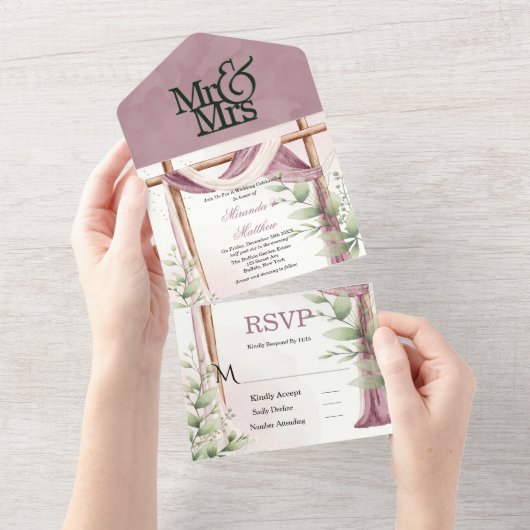 Chic Lavendel Bladerdak Eucalyptus bruiloft All In One Uitnodiging (Afscheurbaar)