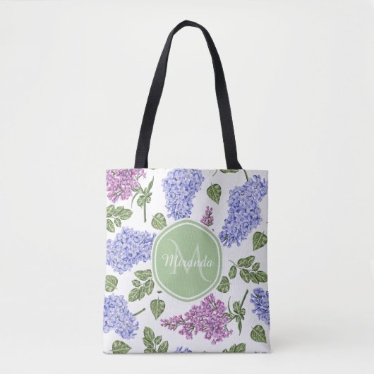 Chic Lavender Lila Floral Pastel Green Monogram Draagtas (Voorkant)