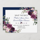 Chic Lavender Navy Blue Floral Bloom Save the Date (Voorkant / Achterkant)