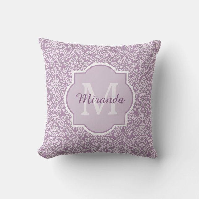 Chic Lavender Paars Damask Monogram met naam Kussen (Voorkant)