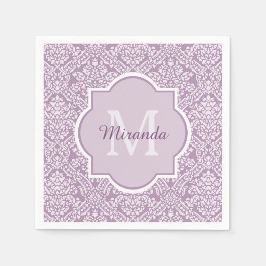 Chic Lavender Paars Damask Monogram met naam Servet (Voorkant)