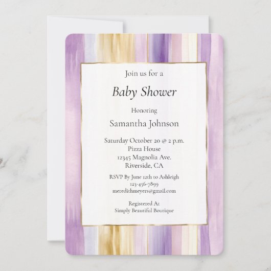 Chic Lavender Purple Gold Stripes Baby Shower Kaart (Voorkant)
