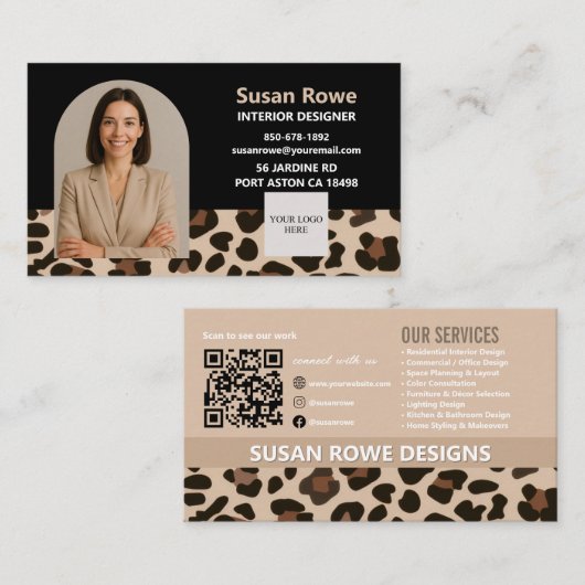 Chic Leopard Black and Beige QR Code Arch Photo Visitekaartje (Voorkant / Achterkant)