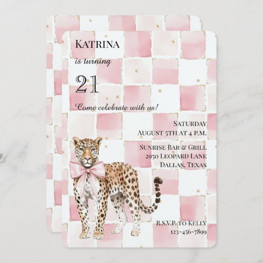 Chic Leopard Pink Bow Squares Verjaardag Kaart (Voorkant / Achterkant)