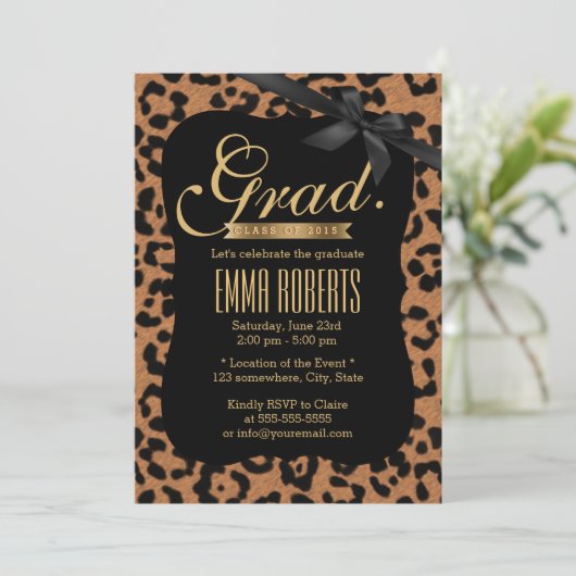 Chic Leopard Print Black Ribbon Afstuderen Kaart (Staand voorkant)