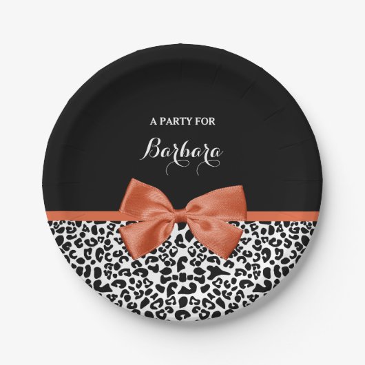Chic Leopard Print Burnt Oranje Bow met naam Papieren Bordje (Voorkant)