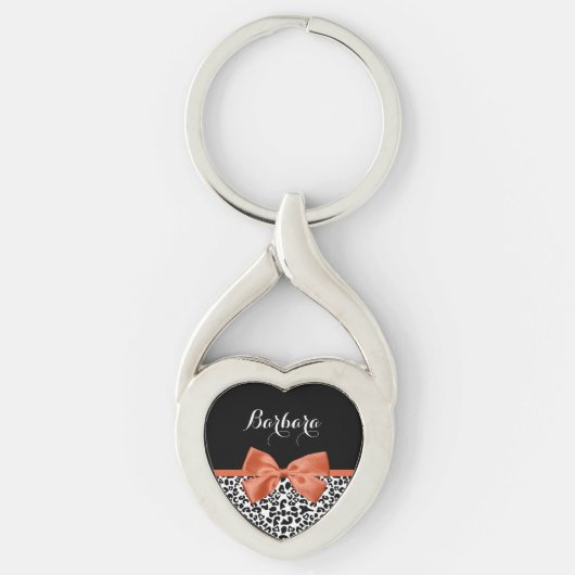 Chic Leopard Print Burnt Oranje Bow met naam Sleutelhanger (Voorkant)