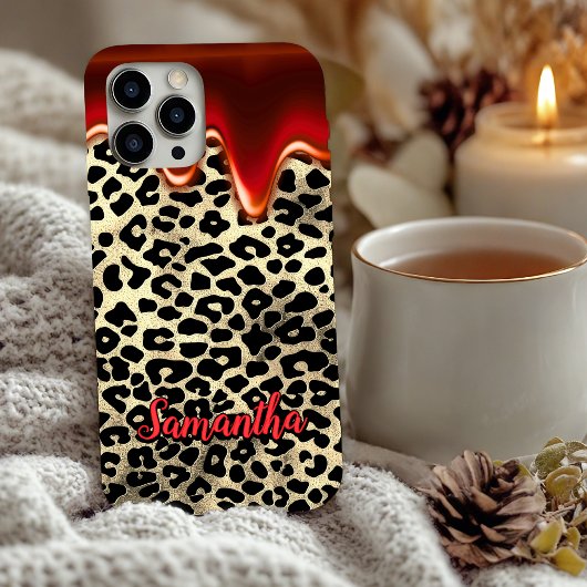 chic leopard print red dripping monogram Case-Mate iPhone Case