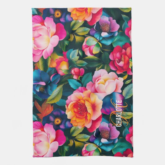 Chic levendige rozen patroon monogram naam theedoek (Verticaal)