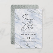 Chic Light Blue Marble met Silver Glitter Save The Date (Voorkant / Achterkant)