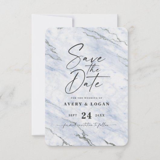 Chic Light Blue Marble met Silver Glitter Save The Date (Voorkant)