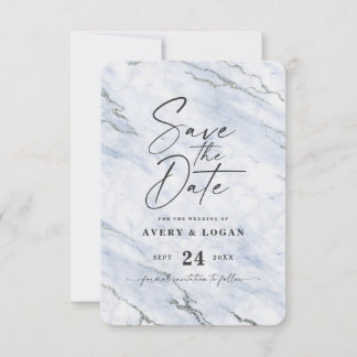 Chic Light Blue Marble met Silver Glitter Save The Date