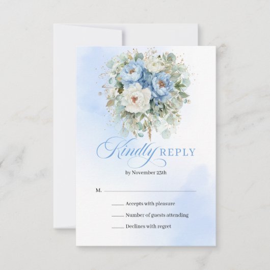Chic Light Blue Peonies Gold Wedding RSVP (Devant)
