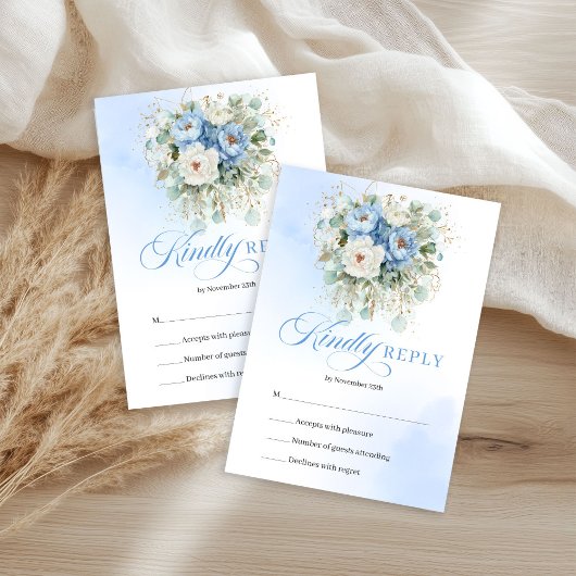 Chic Light Blue Peonies Gold Wedding RSVP Kaartje