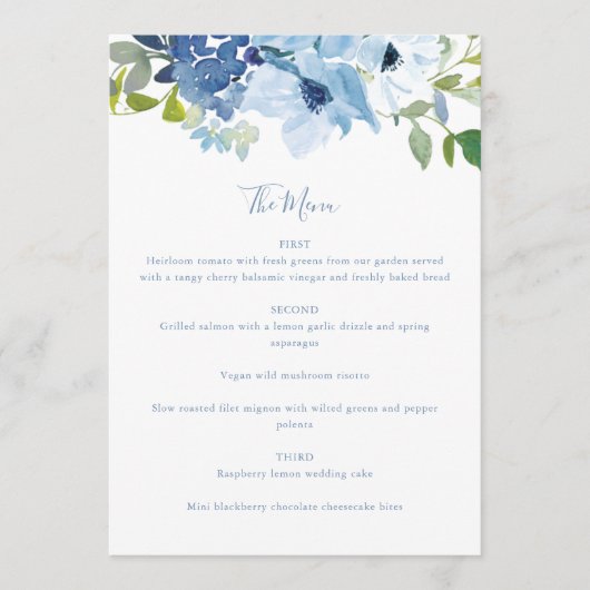 Chic Light Blue Waterverf Floral Script Custom Menu (Voorkant)