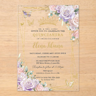 Chic Lila Blush Bloemen Rozen Quinceanera Sweet 16 Acryl Uitnodigingen