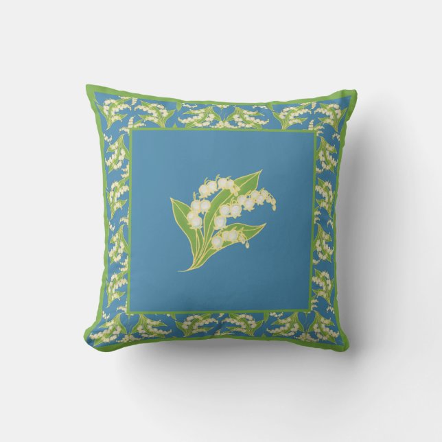Chic Lily-of-the-Valley on Blue met Border Kussen (Voorkant)