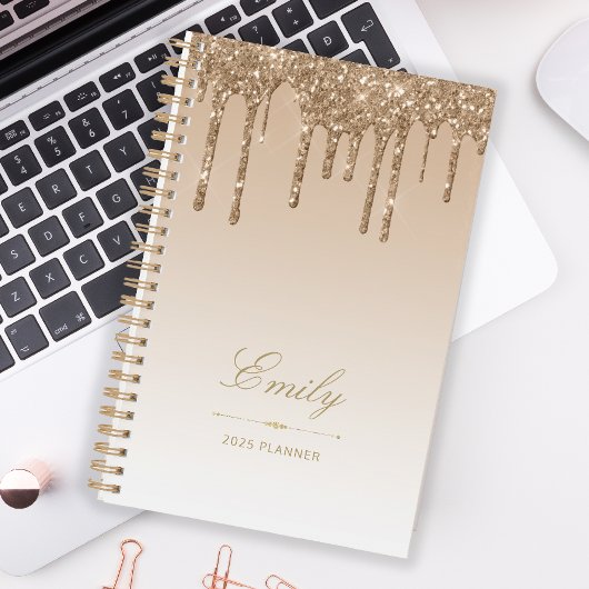 Chic Luxe Glitter Drips Gold 2025 Planner