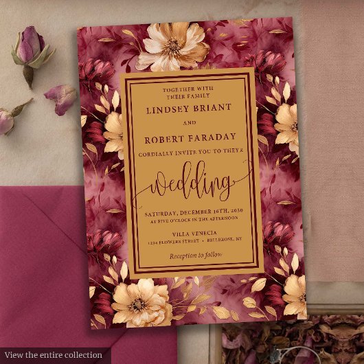 Chic Luxe Merlot Gold Floral Faire-part de mariage