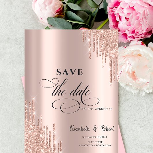 Chic Luxe Rose Gold Pailleté Gouttes Save The Date