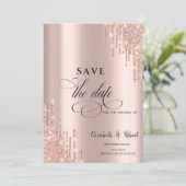 Chic Luxe Rose Gold Pailleté Gouttes Save The Date (Debout devant)