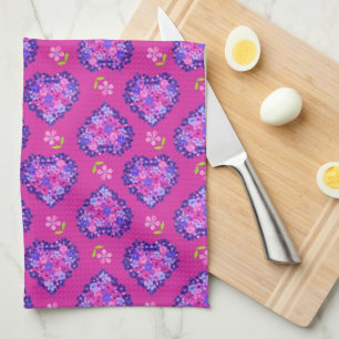 Chic Magenta Coeurs et Fleurs Serviette de cuisine