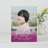Chic Magenta Glitter Ombre Girly Foto Afstuderen Aankondiging (Staand voorkant)