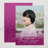 Chic Magenta Glitter Ombre Girly Foto Afstuderen Aankondiging (Voorkant / Achterkant)
