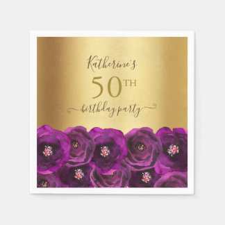 Chic Magenta Rose Floral Gold 50th Birthday Party Servet