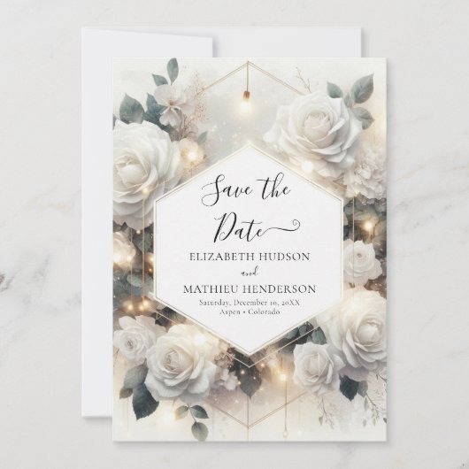 Chic Magische Witte Rozen bruiloft Save The Date (Voorkant)