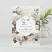 Chic Magische Witte Rozen bruiloft Save The Date (Staand voorkant)