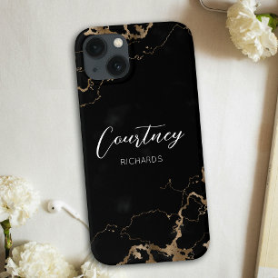 Chic Marble Black & Gold Glitter Monogramname Name iPhone 13 Hoesje