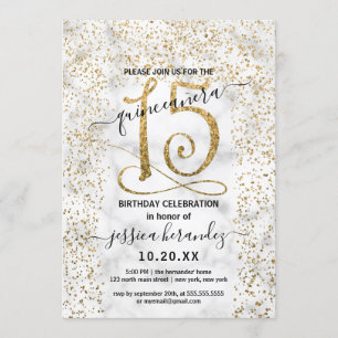 Chic Marble Gold Confetti Border Quinceañera Kaart