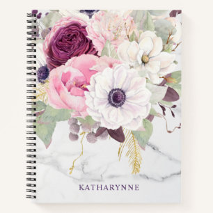 Chic Marble Vrouwelijke Roze Waterverf Bloemen Notitieboek