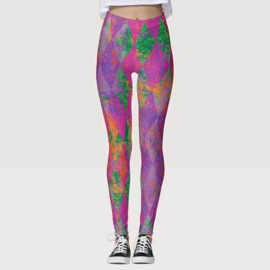 Chic Mardi Gras Paarse Harlekijnpatroon Leggings (Voorkant)