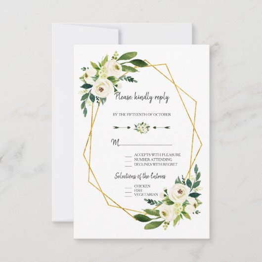Chic Mariage RSVP cadre doré floral blanc vert (Devant)