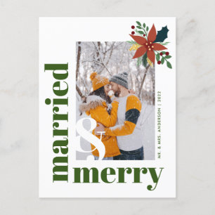 Chic Married en Merry Foto met Kerstmis Poinsettia Briefkaart