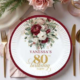 Chic Marsala Bloem Goud 80ste Verjaardag Papieren  Bordje
