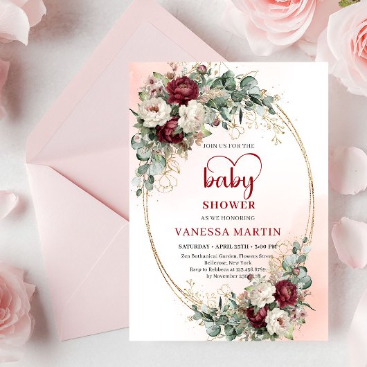 Chic Marsala Flowers Baby Shower Invitation