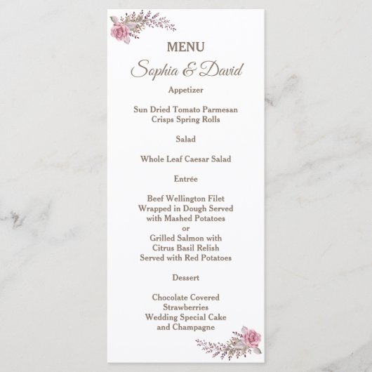 Chic Marsala Maroon Floral Aquarelle Menu Mariage (Devant)
