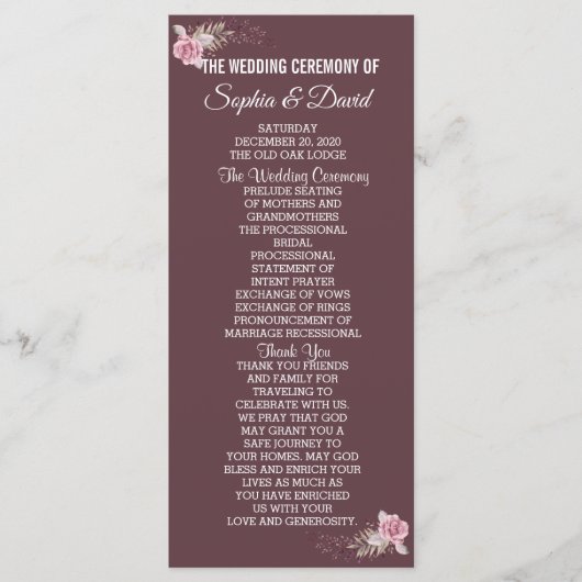 Chic Marsala Maroon Floral Aquarelle Programme (Devant)