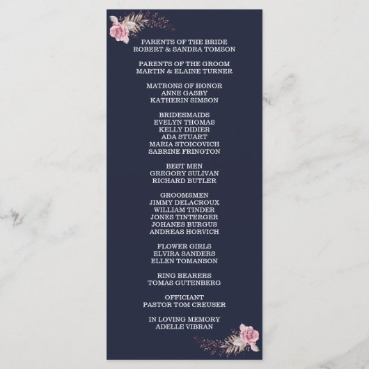 Chic Marsala Maroon Floral Navy Blue Program Programma (Achterkant)