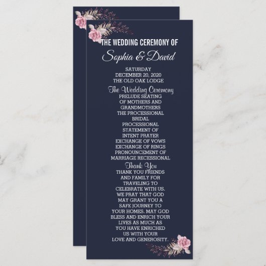 Chic Marsala Maroon Floral Navy Blue Program Programma (Voorkant / Achterkant)