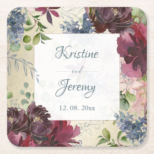 Chic Marsala Roos Bloemen Waterverf Gouden Bruilof Vierkante Kartonnen Onderzetter (Voorkant)