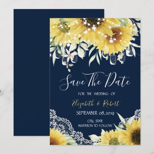 Chic Mason Jar, Lace, Sunflower Navy Blue Save The Date (Voorkant / Achterkant)
