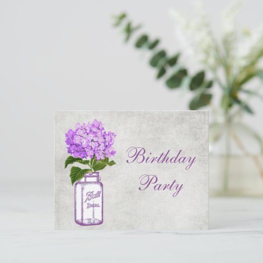 Chic Mason Jar & Paarse Hydrangea Birthday Party Kaart (Staand voorkant)