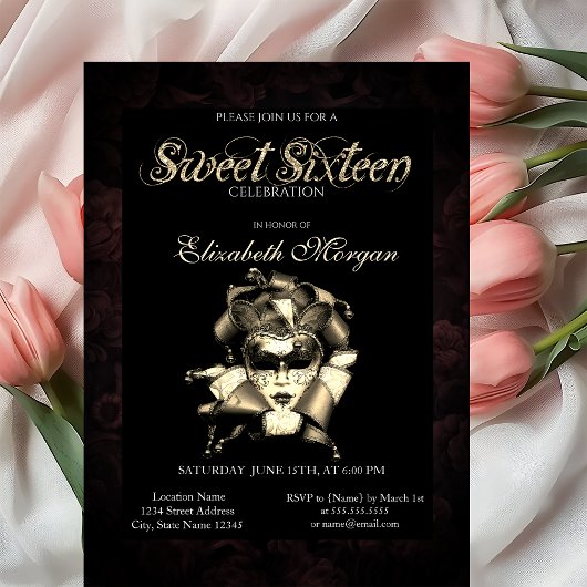 Chic Masque Rozen Black Sweet 16 Uitnodiging