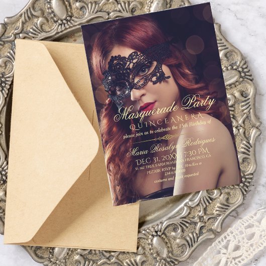 Chic Masquerade Quinceanera Photo Invitation