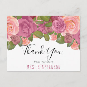 Chic Mauve Floral Waterverf Bruid Dank u Briefkaart