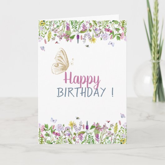 Chic Meadow Gold Glitter Butterflly Birthday Kaart (Voorkant)